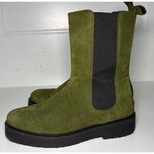 Staud Olive Green Suede Mid-Calf Chelsea Boots Chunky Platform Crepe Sole 39